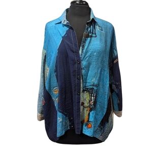 3 Potato Medium / Large Lagenlook Artsy Print Button Down Shirt Teal Boho